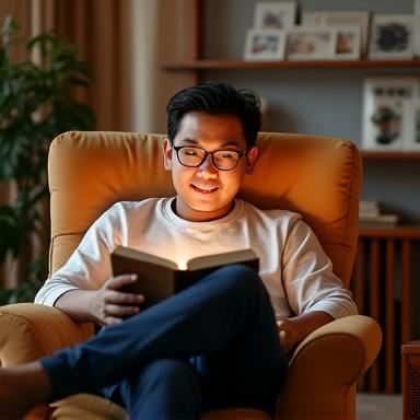Encik Tan sedang membaca buku di kerusi kegemarannya di rumah.