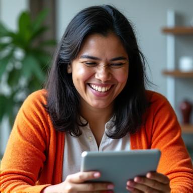 Puan Devi ketawa sambil menggunakan tabletnya.